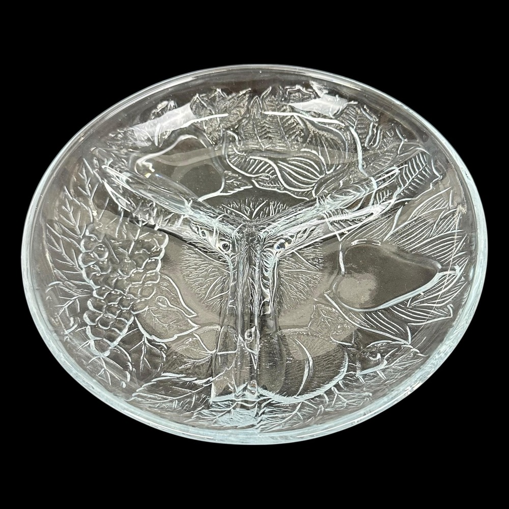 Vintage KIG Indonesia Clear Glass 3 Section Relish Dish Fruit Design 7.75 In - Picture 2 of 8